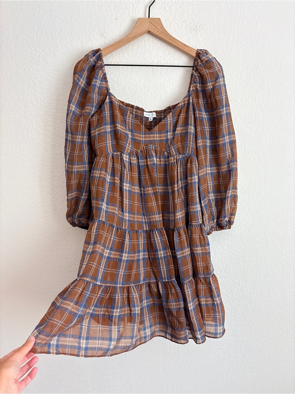 Gianni Bini Fall Plaid Puff-Sleeve Tiered Mini Dress Brown - Picture 11 of 11